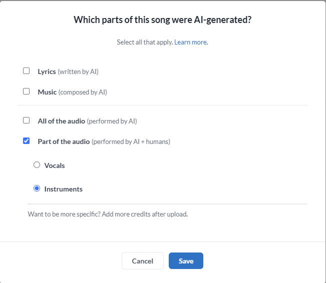 The expanded declaration: part of the audio, instruments. Lyrics and composition are not marked as generated.