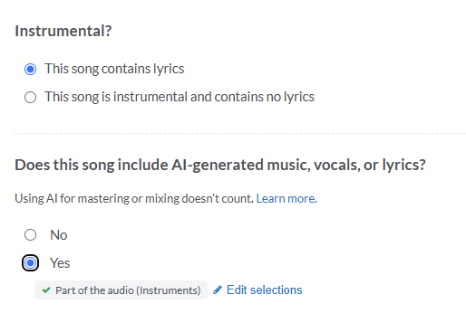 The initial AI question excludes mixing and mastering; partial instrumental audio is selected.