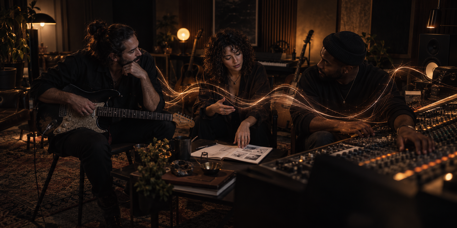 Three creators developing a shared music project in a recording studio